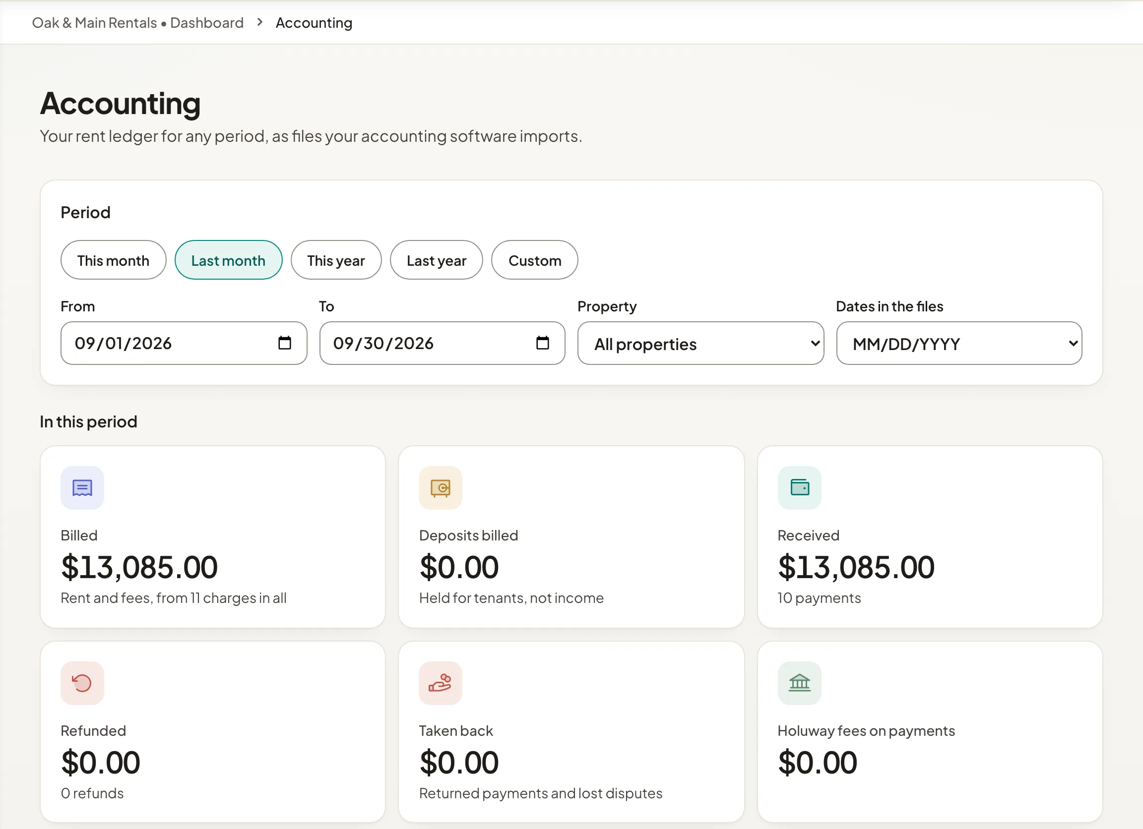 The Accounting page with the period's totals and the download cards.