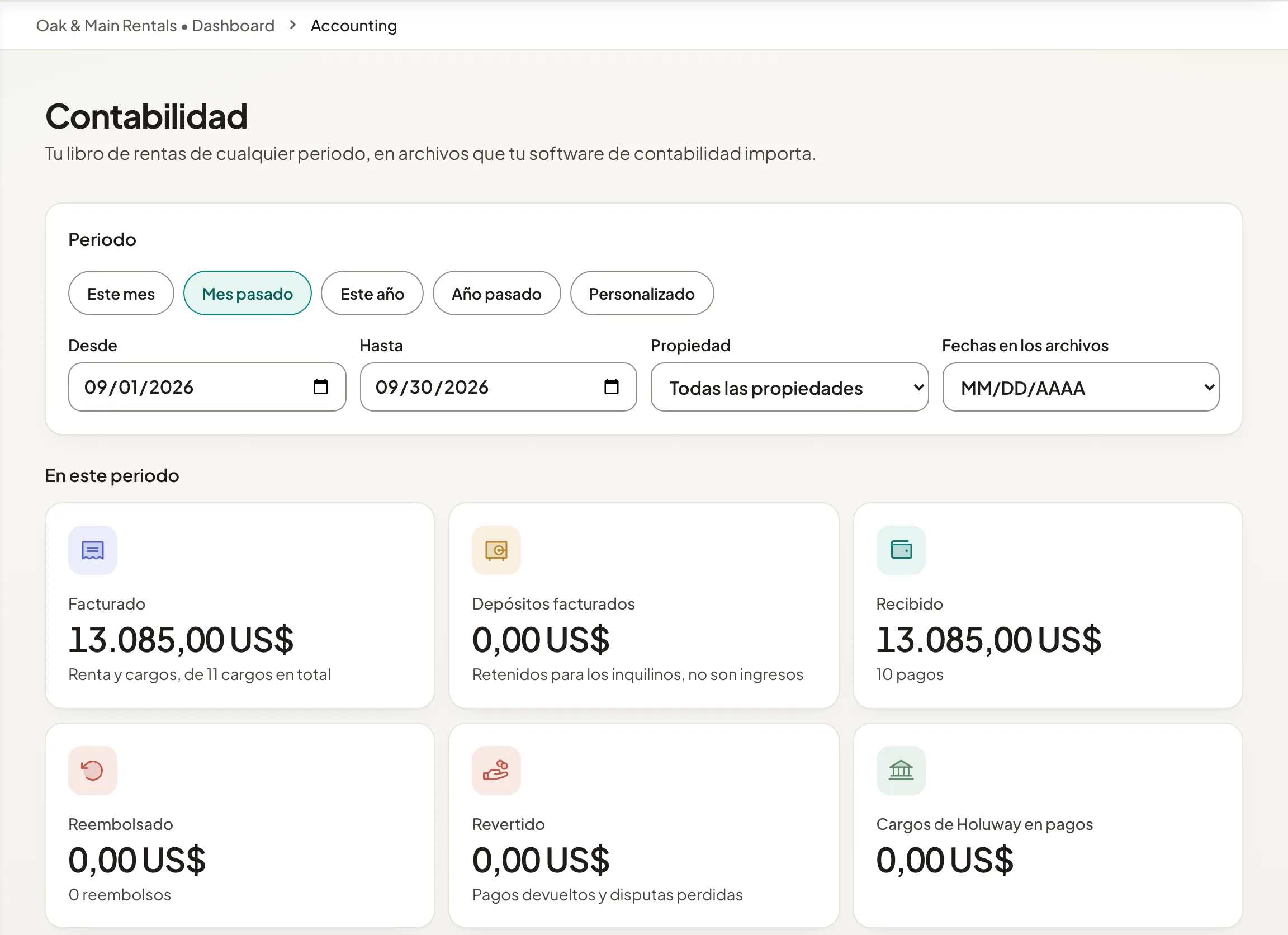 La página Contabilidad con los totales del periodo y las tarjetas de descarga.