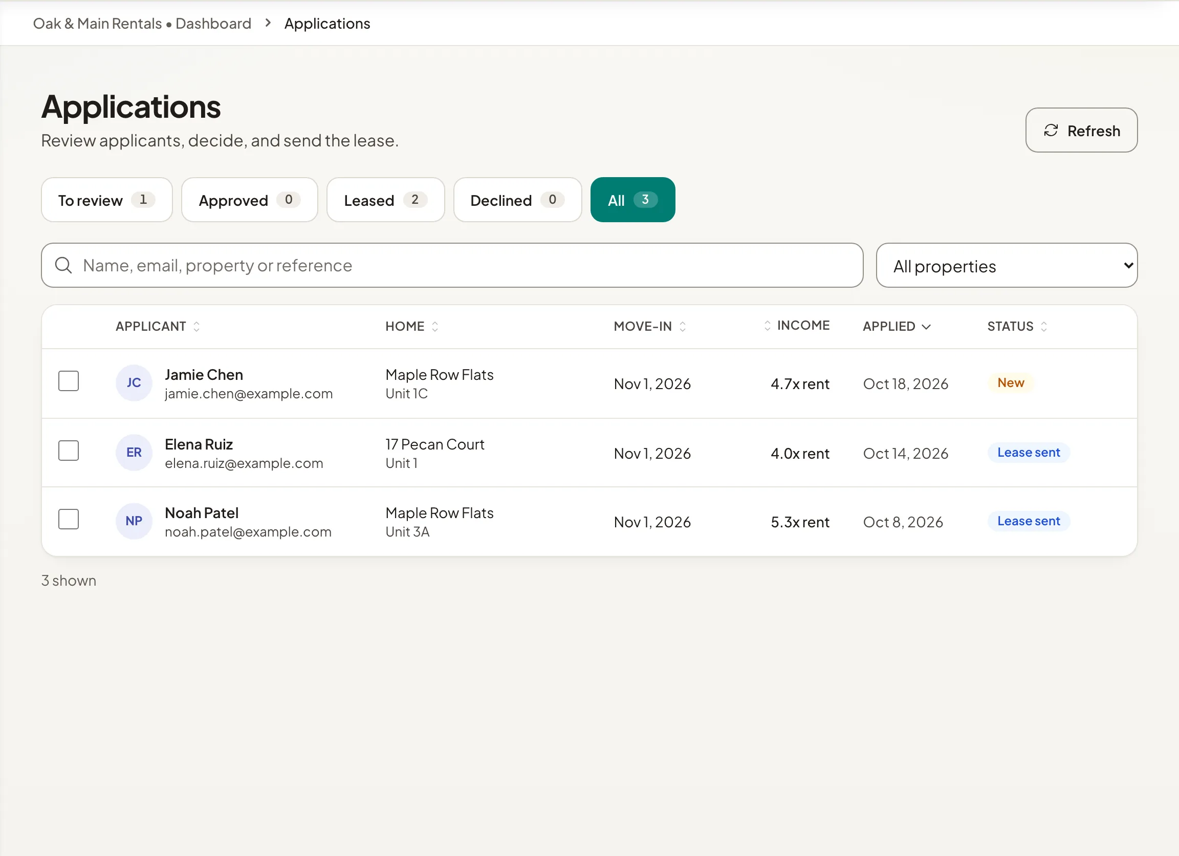 The applications list with tabs, applicants, homes, income and status.