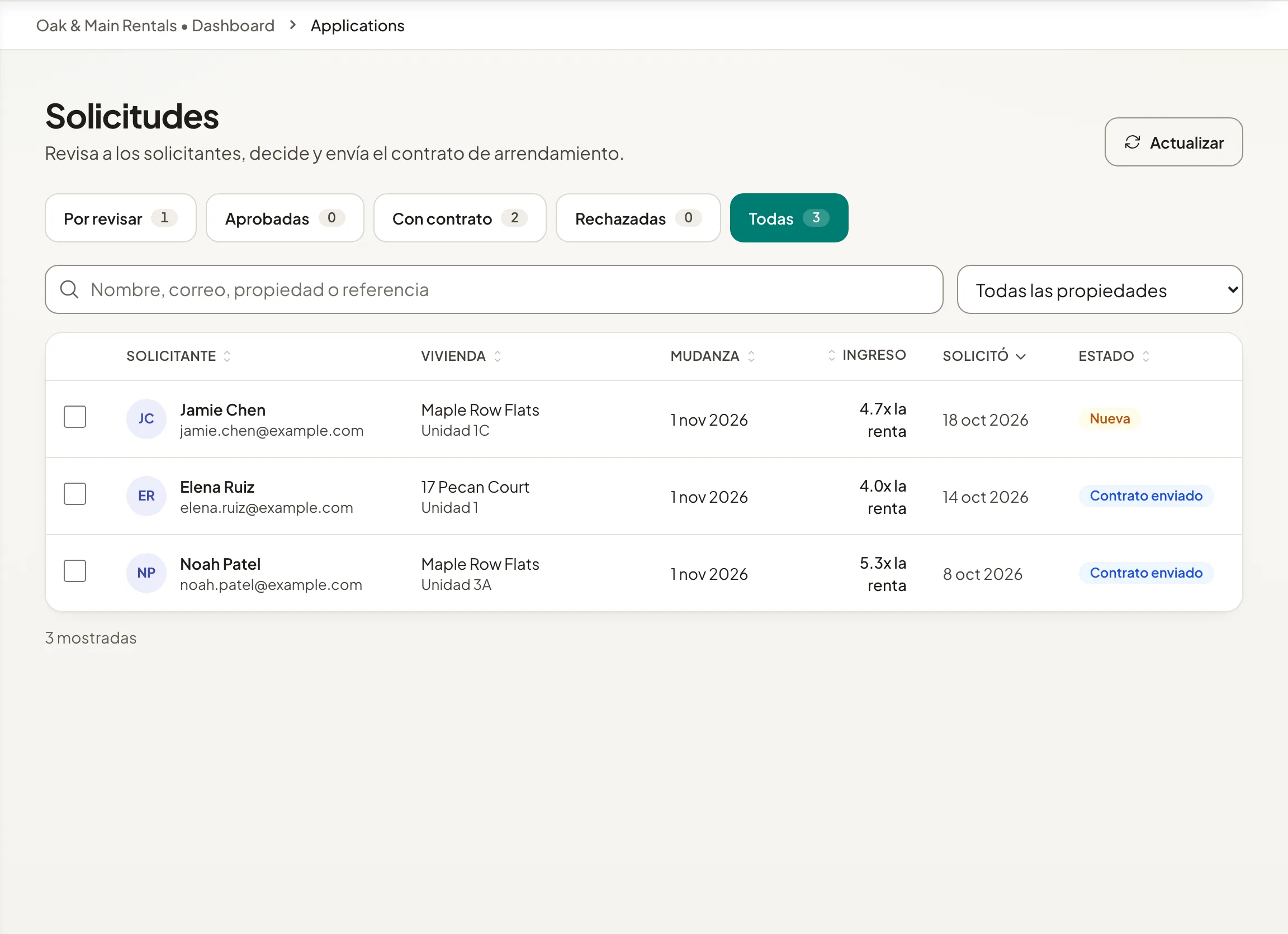 La lista de solicitudes con pestañas, solicitantes, viviendas, ingresos y estado.