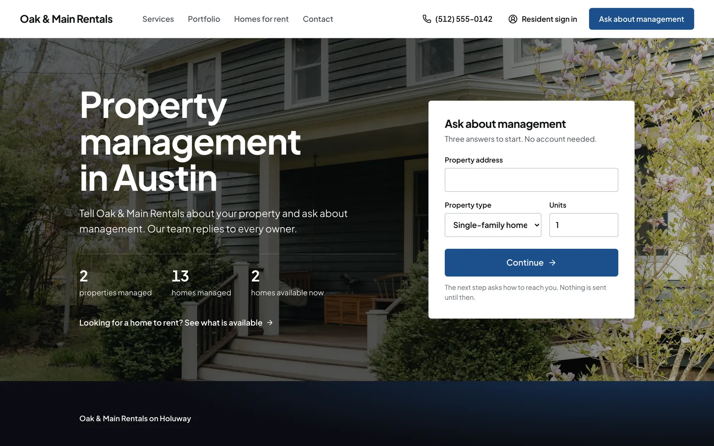 The published website of a sample management company, Oak & Main Rentals, with its owner inquiry