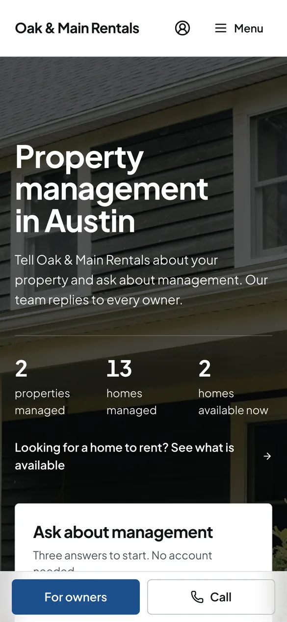 Oak & Main Rentals' company website on a phone.