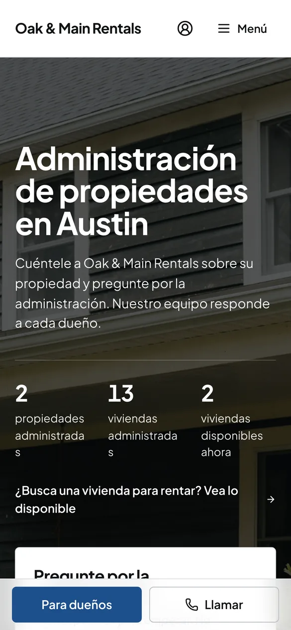 El sitio de empresa de Oak & Main Rentals en un teléfono.
