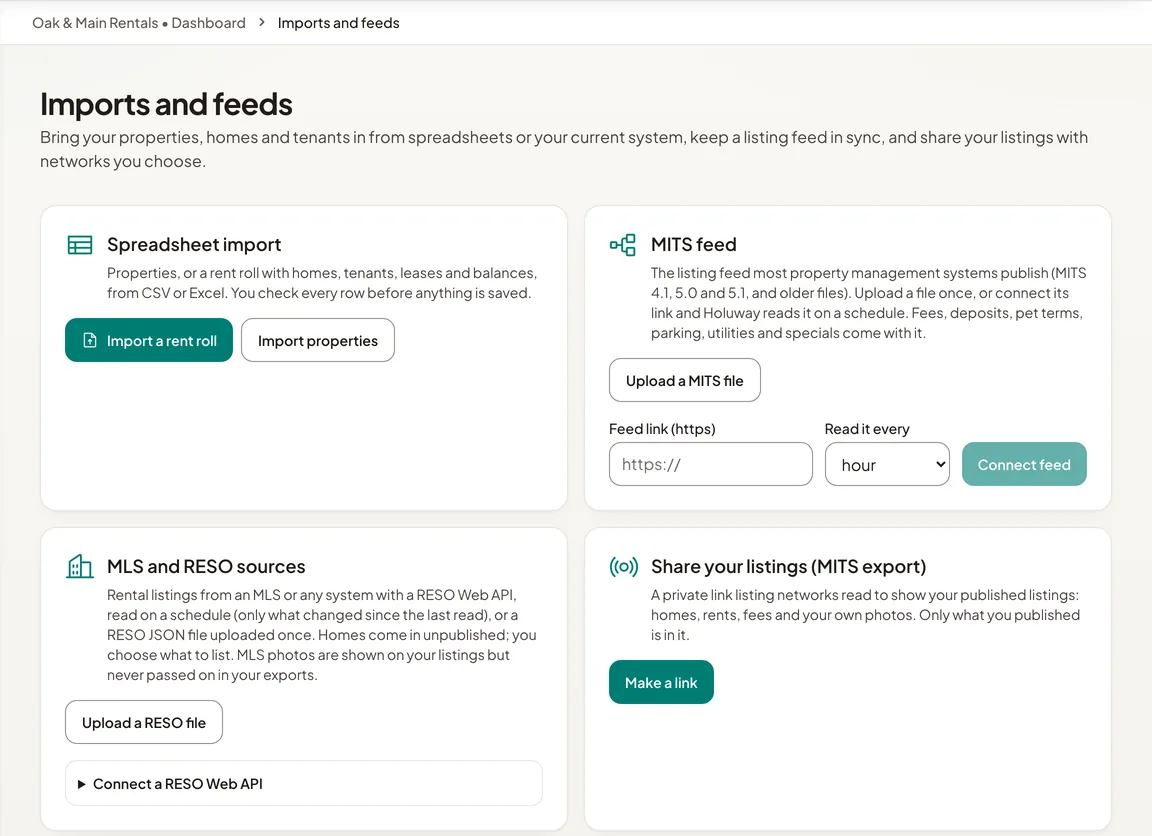 Imports and feeds in Holuway: spreadsheet import, MITS feed, RESO sources and the listing export.
