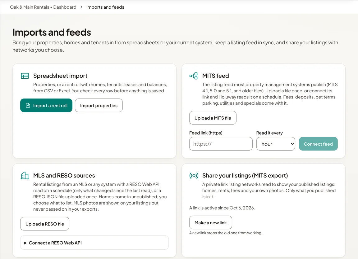 Imports and feeds in Holuway: spreadsheet import, MITS feed, RESO sources and the listing export.