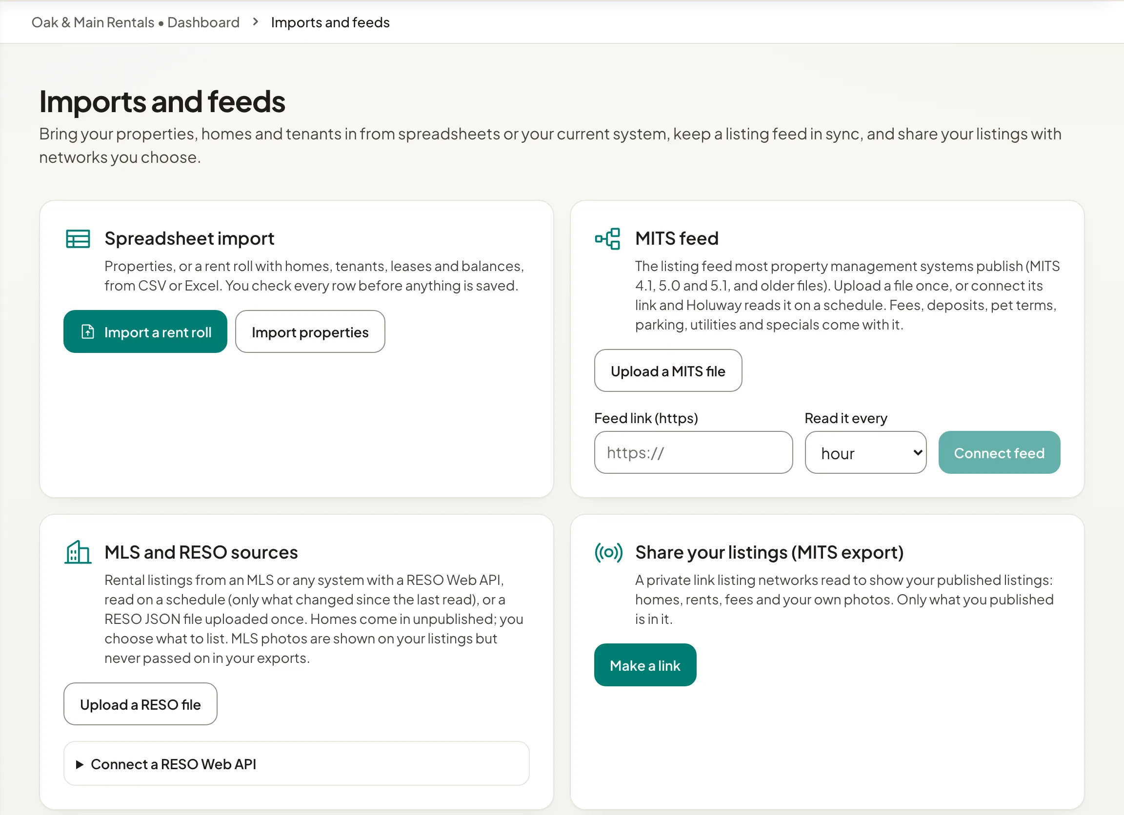 The Imports and feeds page with spreadsheet, MITS and RESO options.