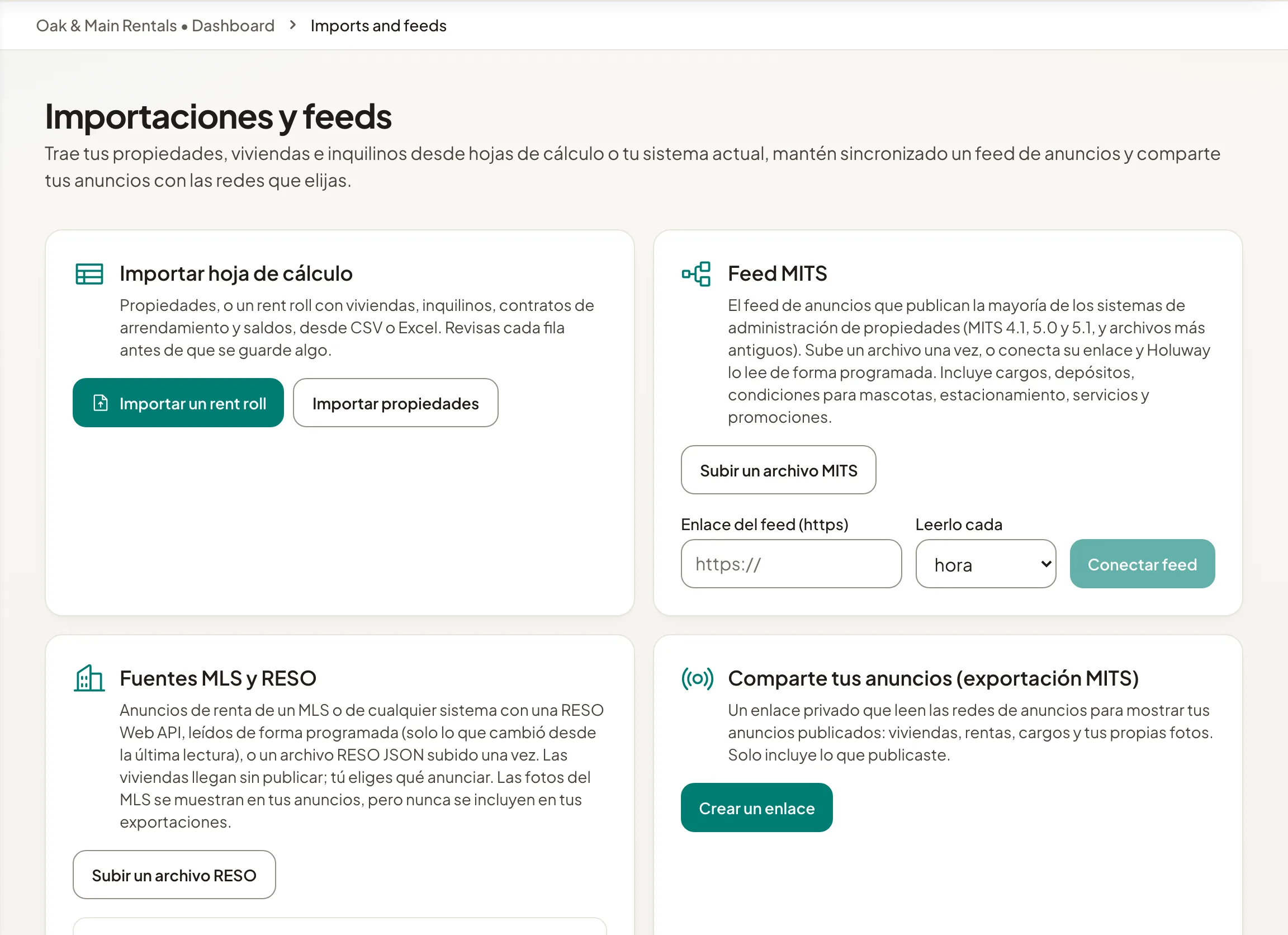 La página Importaciones y feeds con las opciones de hoja de cálculo, MITS y RESO.
