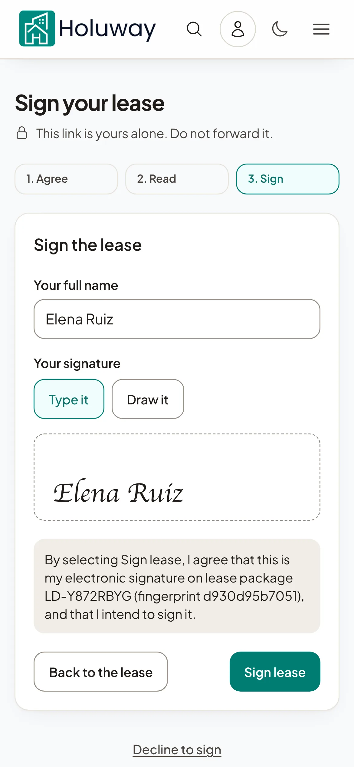 The lease signing page with its four steps and the signing status of each tenant.