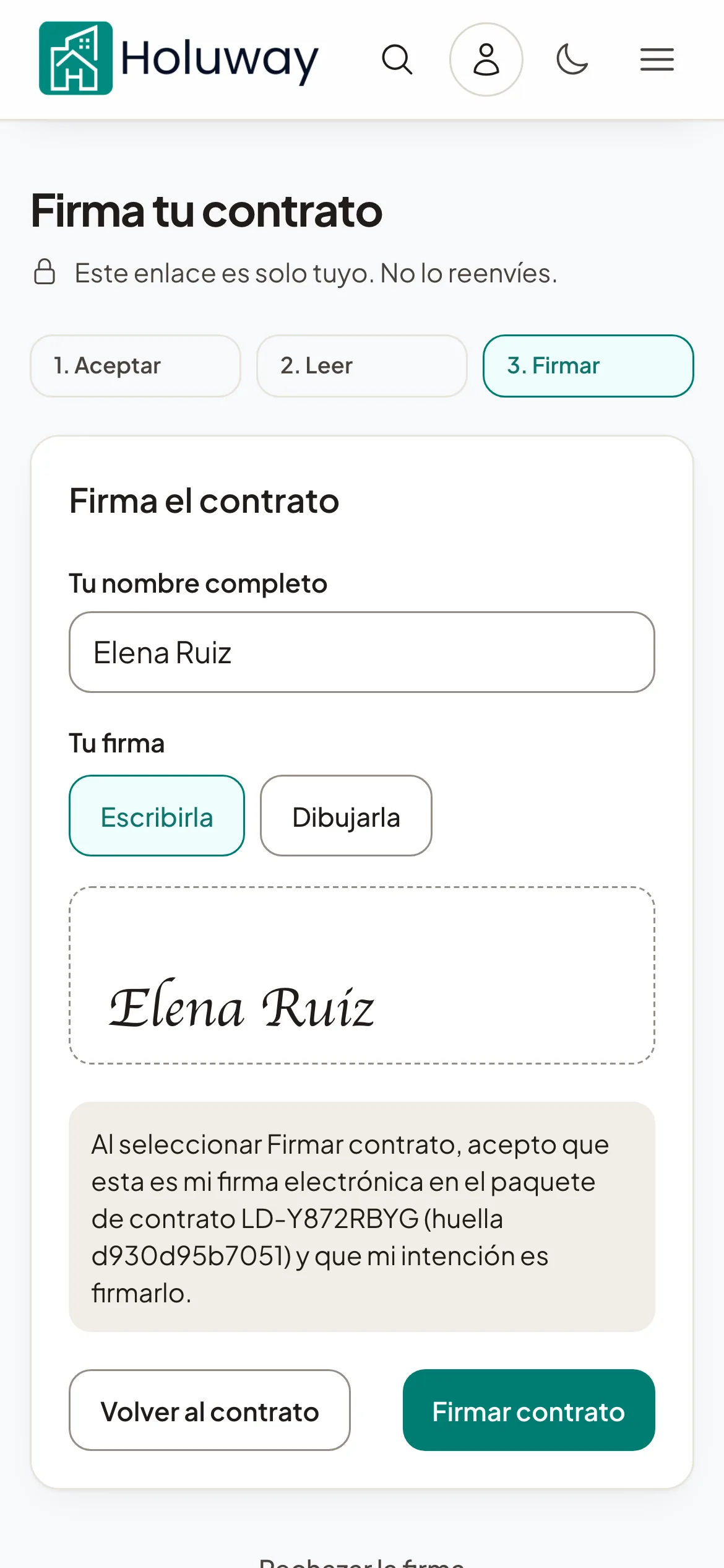 La página de firma del contrato con sus cuatro pasos y el estado de firma de cada inquilino.