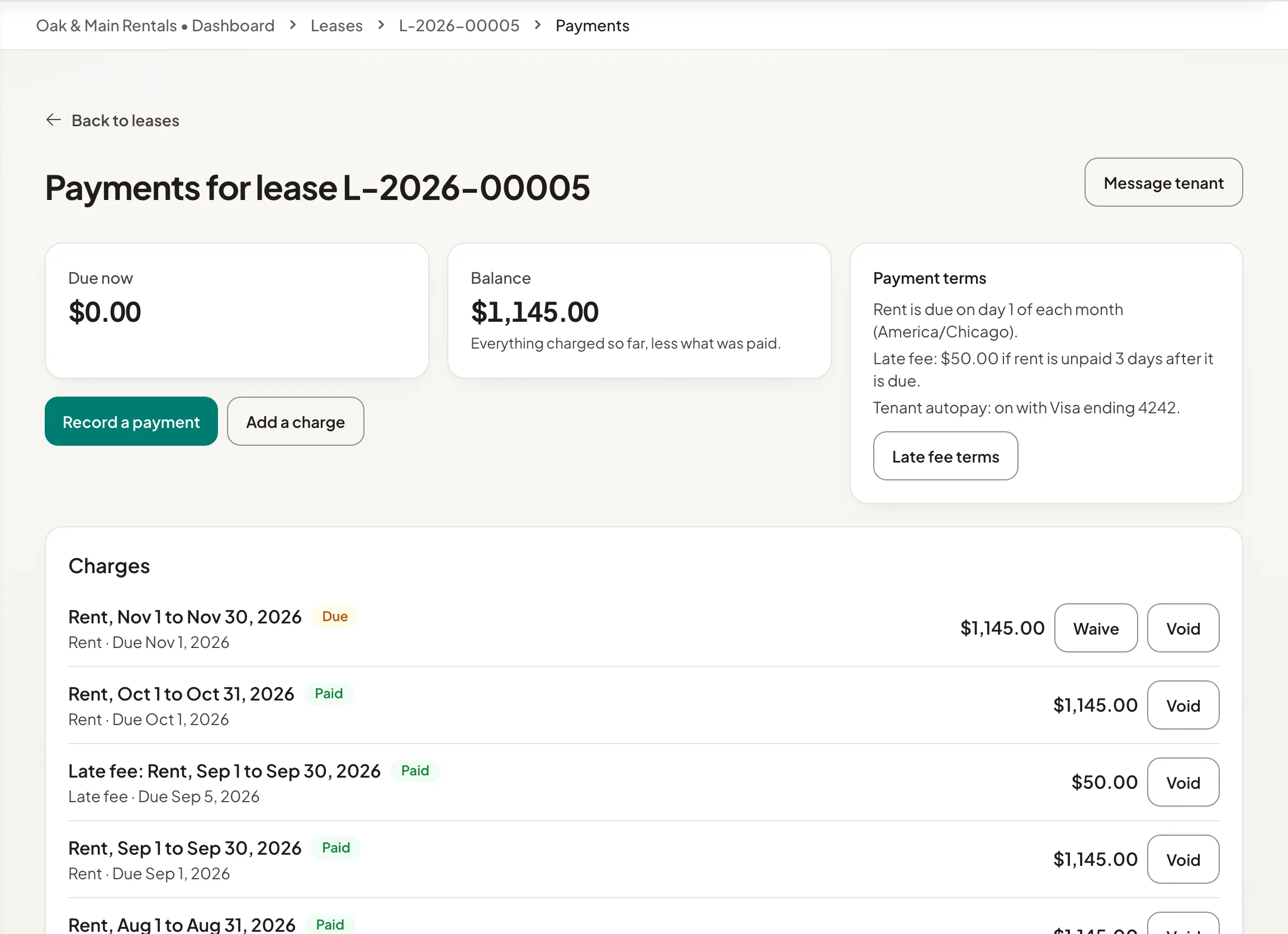 A lease ledger with rent charges, payments, the balance and the payment terms.