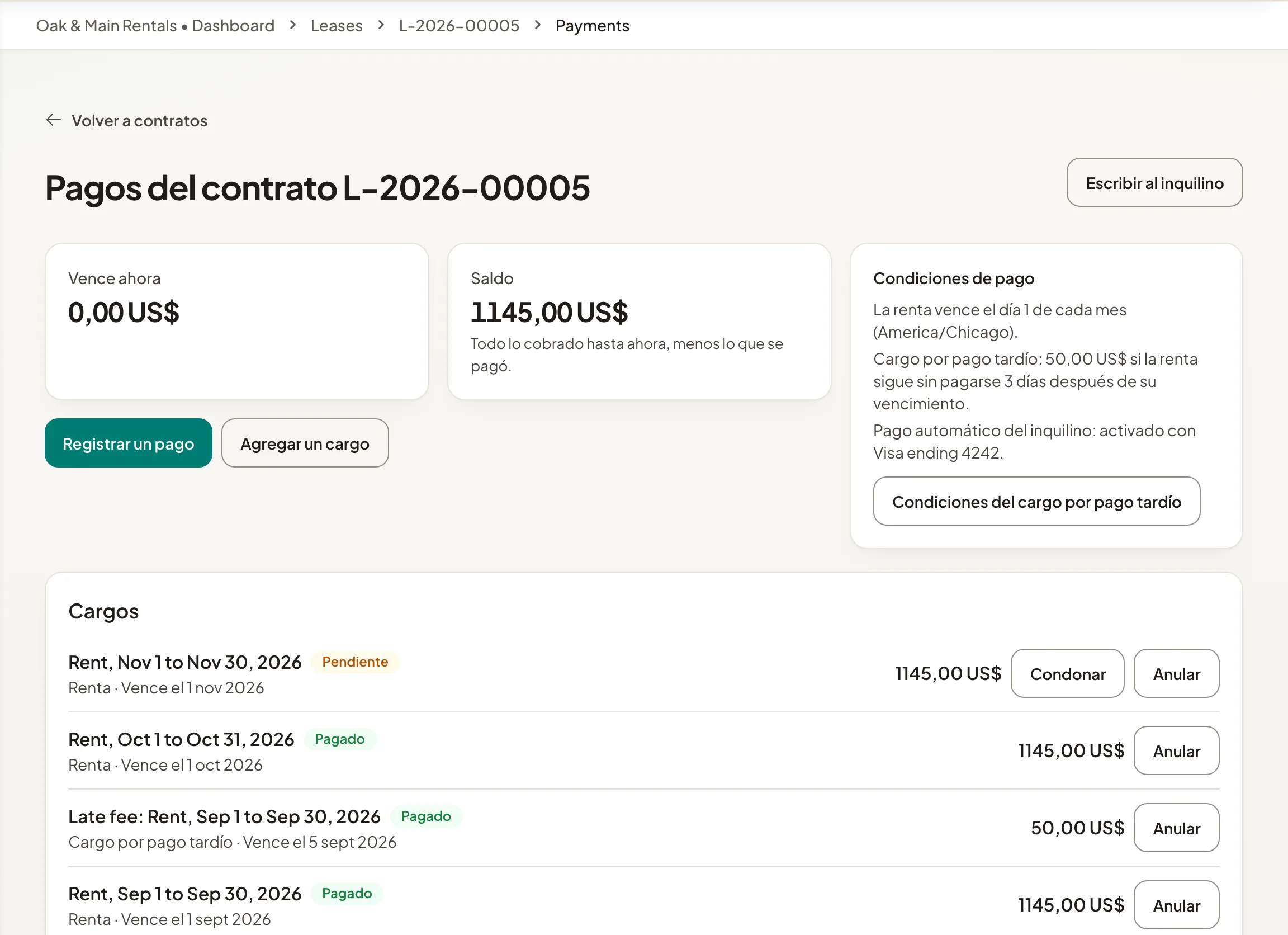 El registro de pagos de un contrato con cargos de renta, pagos, el saldo y las condiciones de pago.