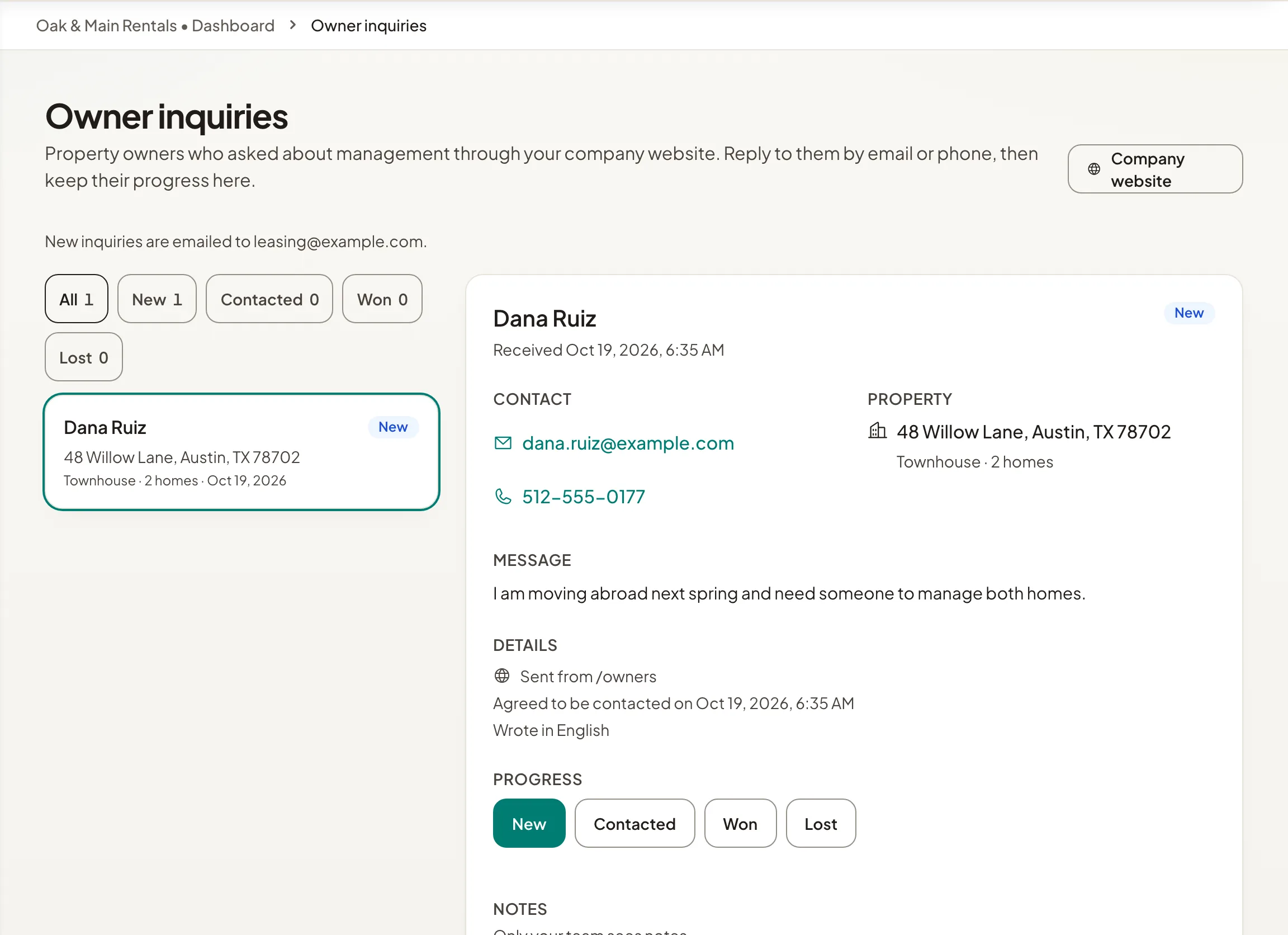The owner inquiries list with an inquiry open, its contact details and progress.