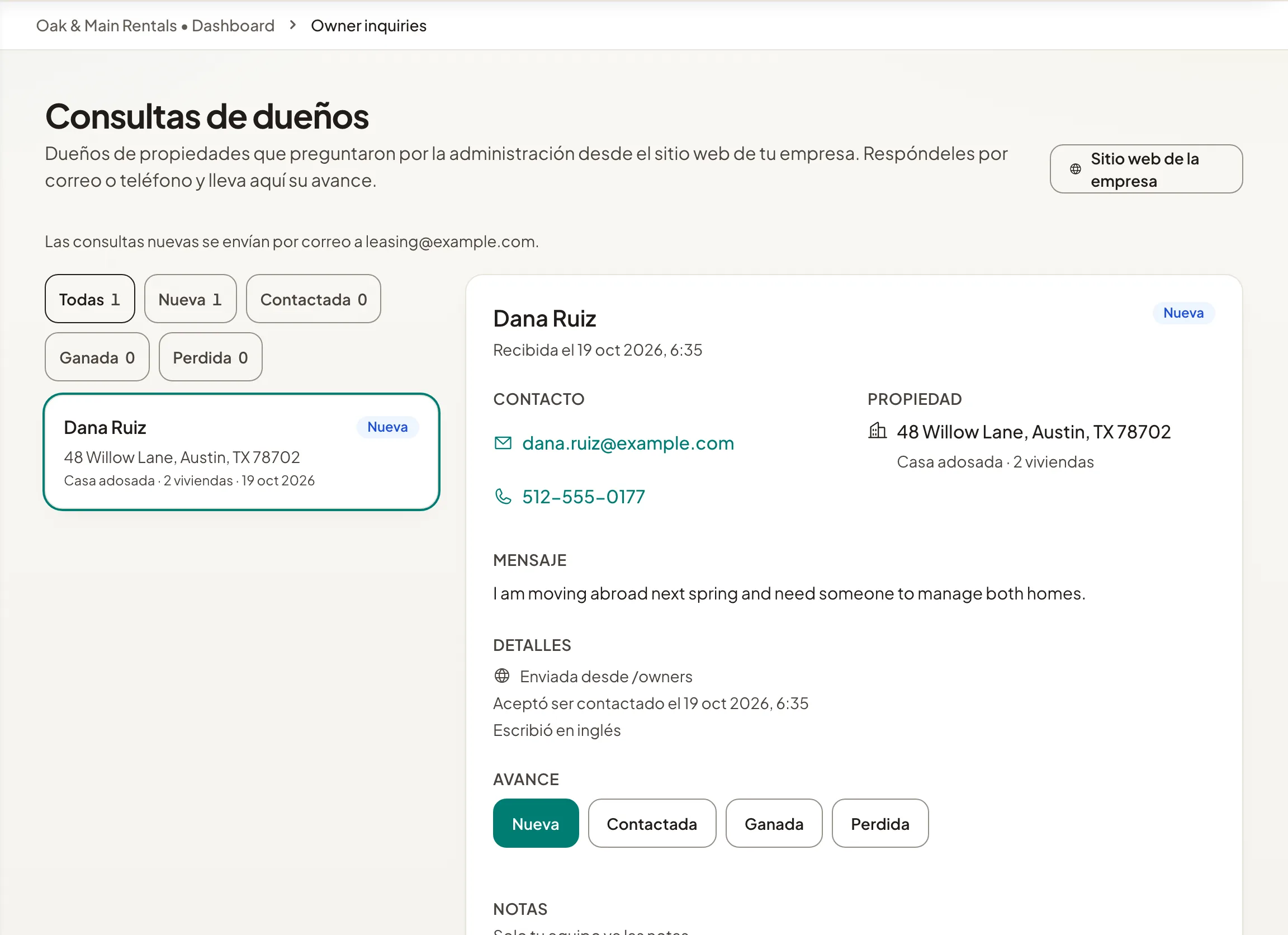 La lista de consultas de dueños con una consulta abierta, sus datos de contacto y su avance.