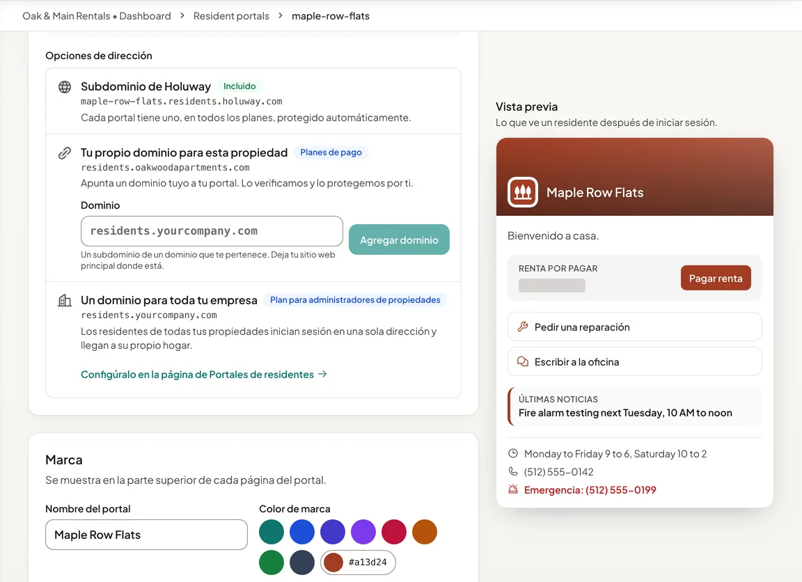 Las opciones de dirección de un portal de residentes en Holuway: su dirección de Holuway o un dominio propio.