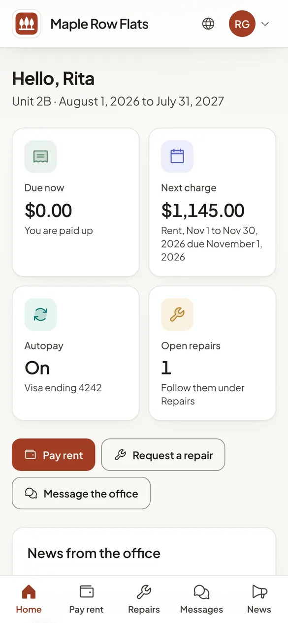 A resident portal home screen on a phone: what is due, the next charge, autopay and open repairs.