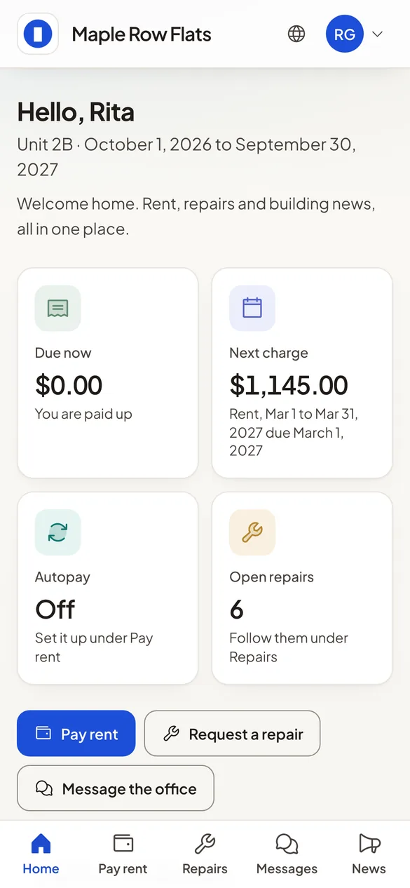 A resident portal home screen on a phone: what is due, the next charge, autopay and open repairs.