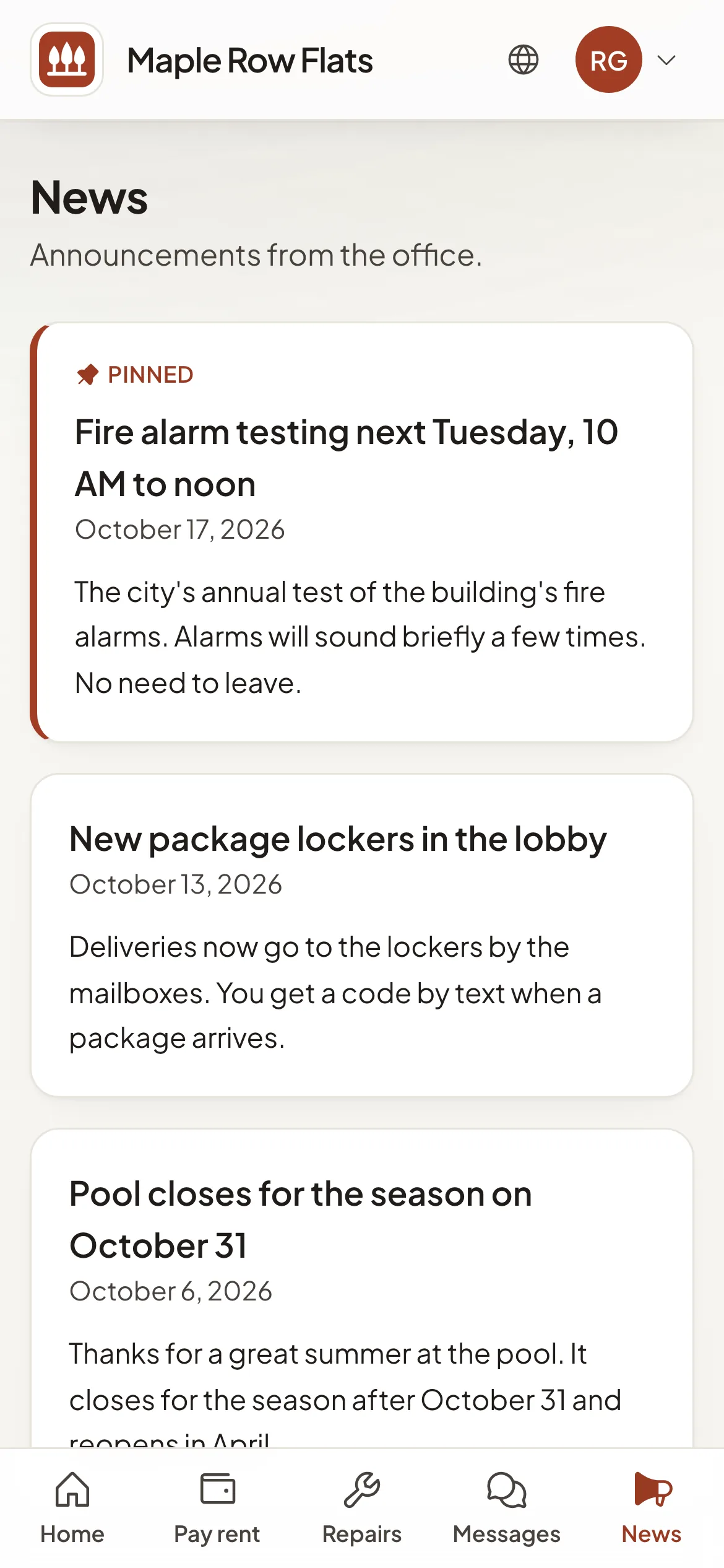The News page of a resident portal with a pinned announcement.