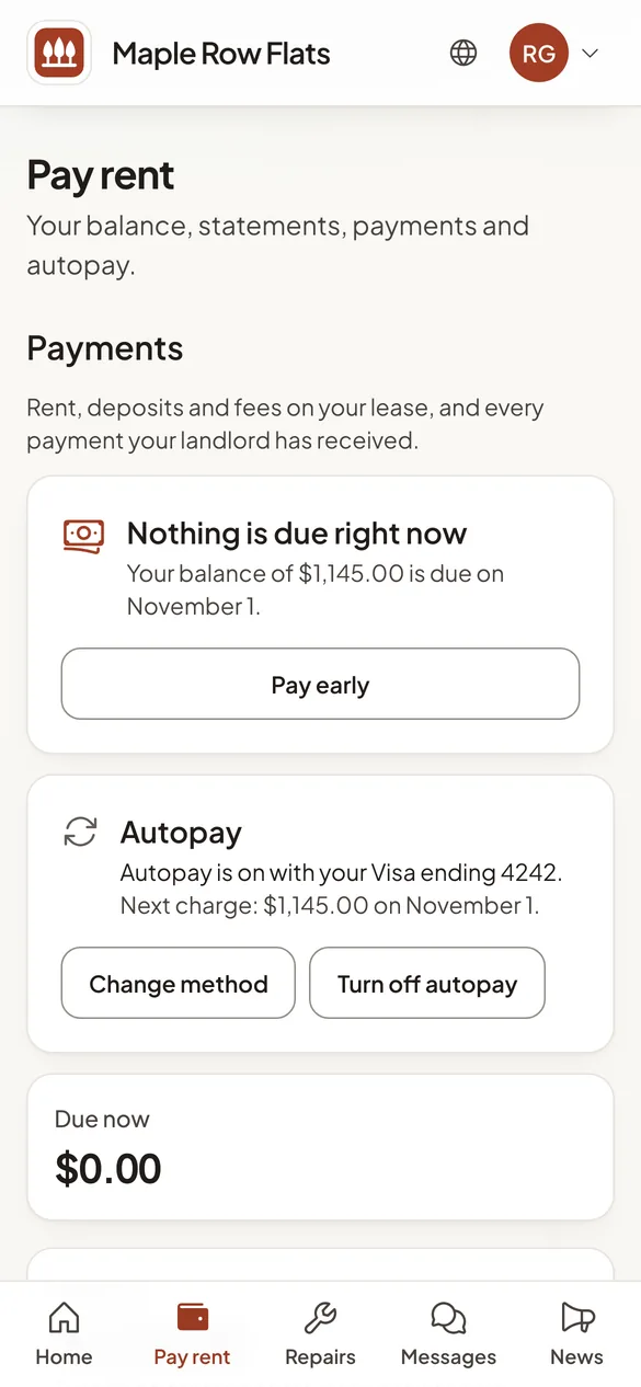 The pay rent screen of a resident portal on a phone, with the balance and autopay.