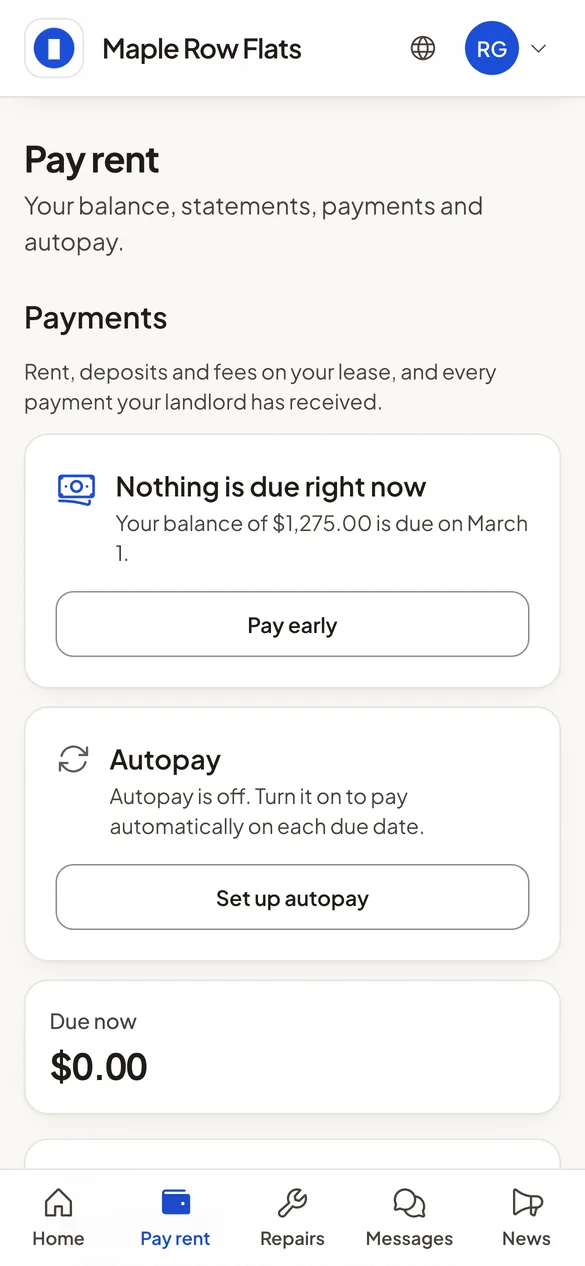 The pay rent screen of a resident portal on a phone, with the balance and autopay.