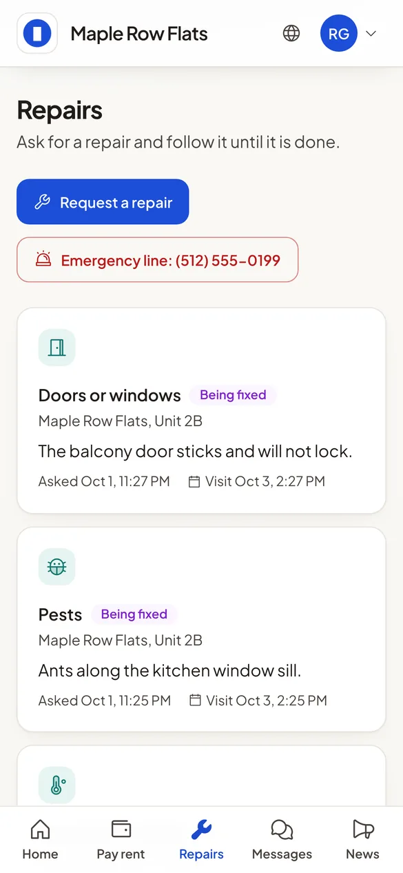 The repairs screen of a resident portal on a phone, with each repair and its next visit.