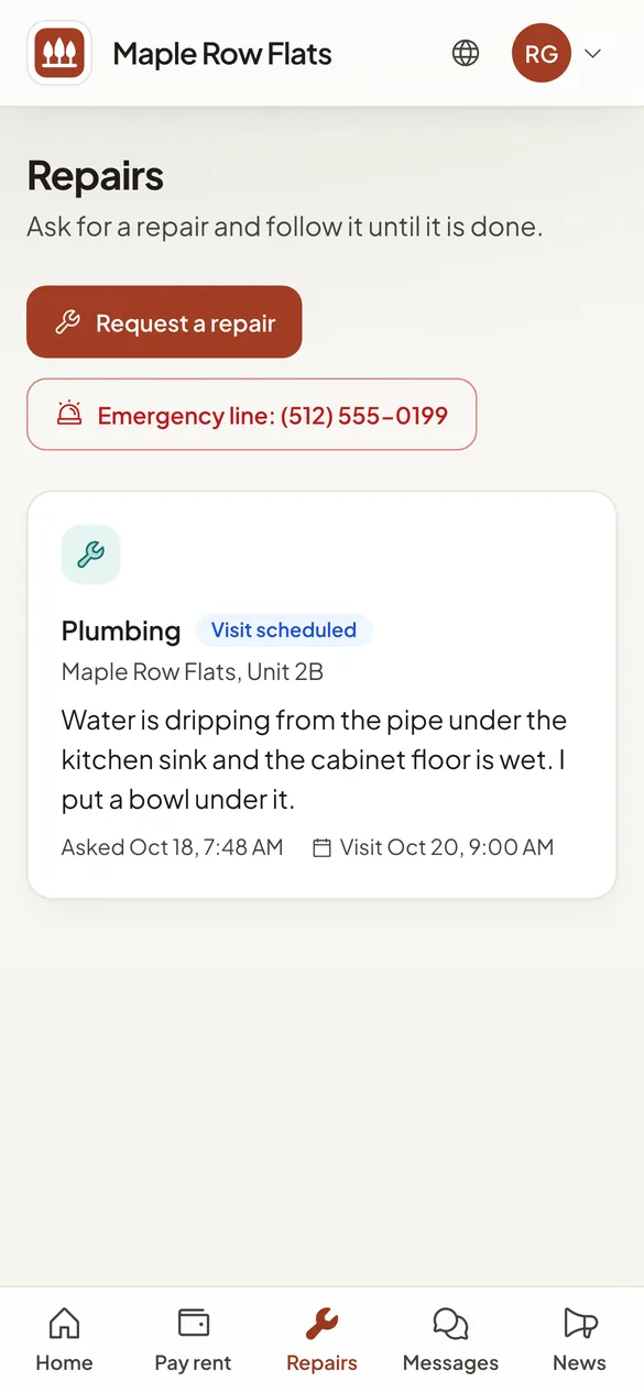 The repairs screen of a resident portal on a phone, with each repair and its next visit.