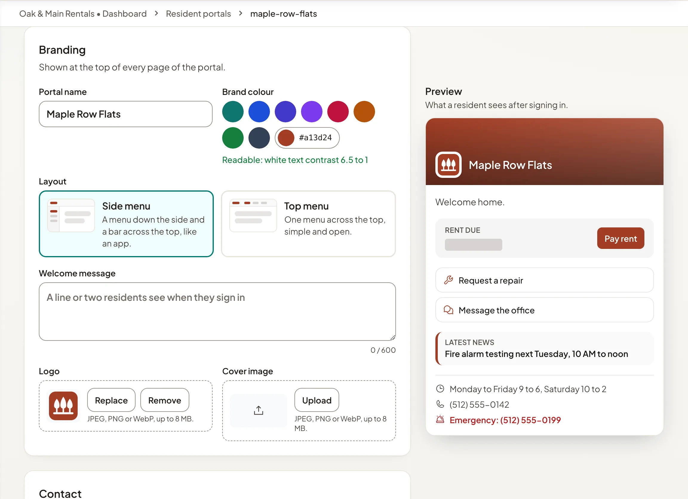 The resident portal editor with address, branding, contact and features, beside a preview.