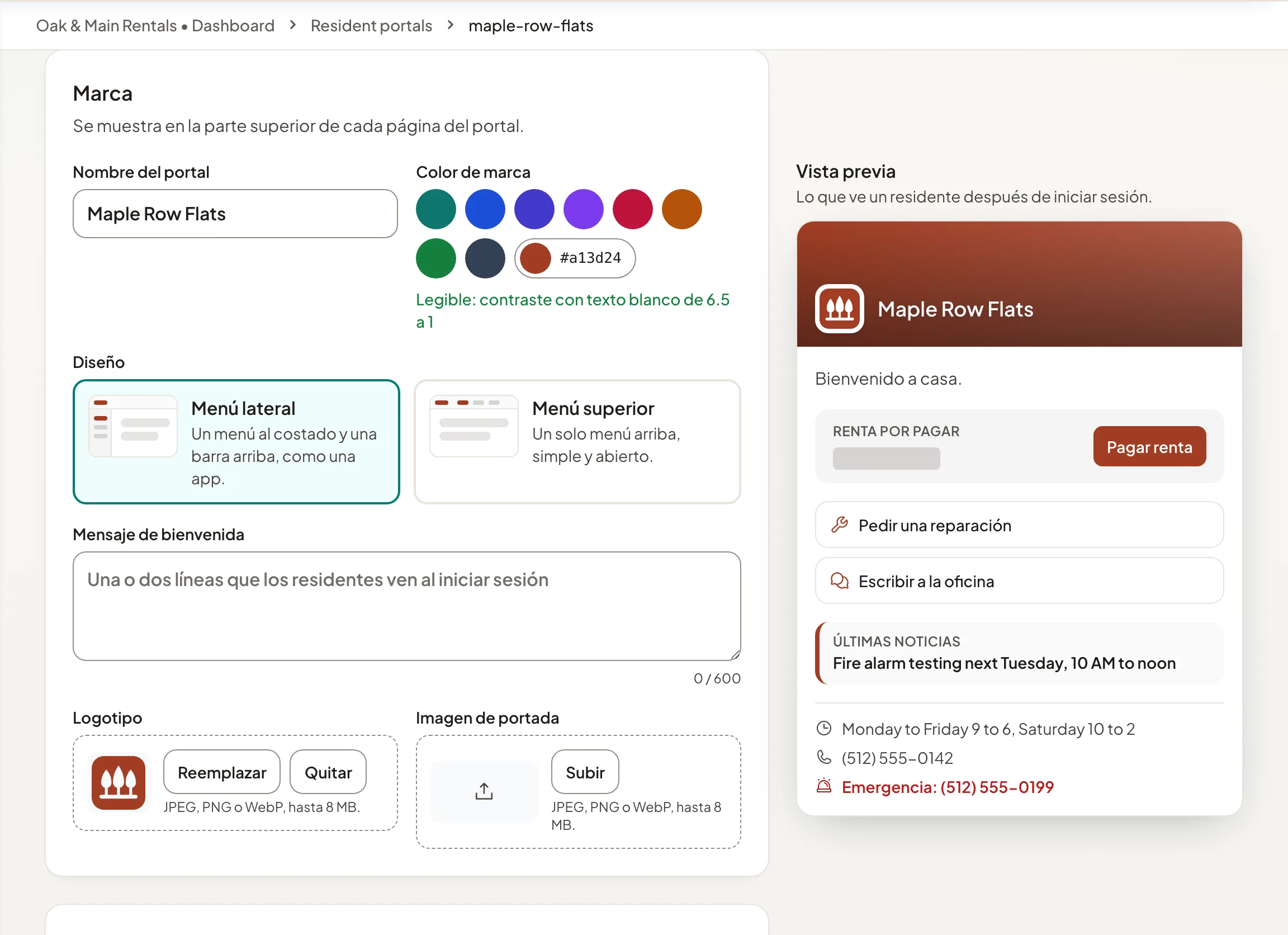 El editor del portal de residentes con dirección, marca, contacto y funciones, junto a una vista previa.