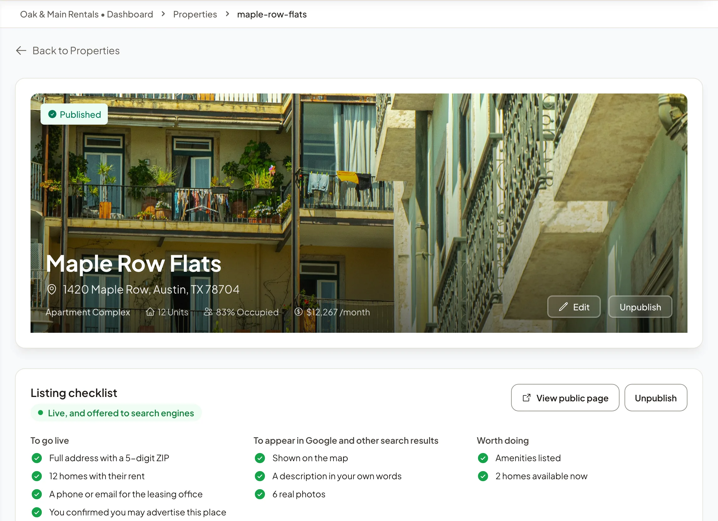 A property page with its listing checklist, photos, units and fees.