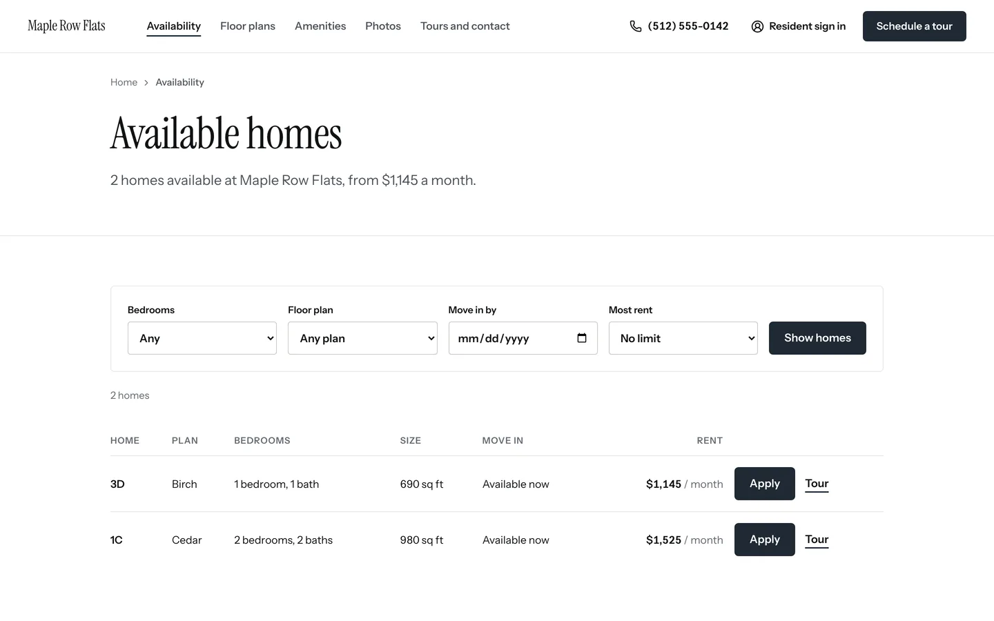 The Available homes page of Maple Row Flats' website: each home with its plan, size, move-in date, rent, Apply and Tour.