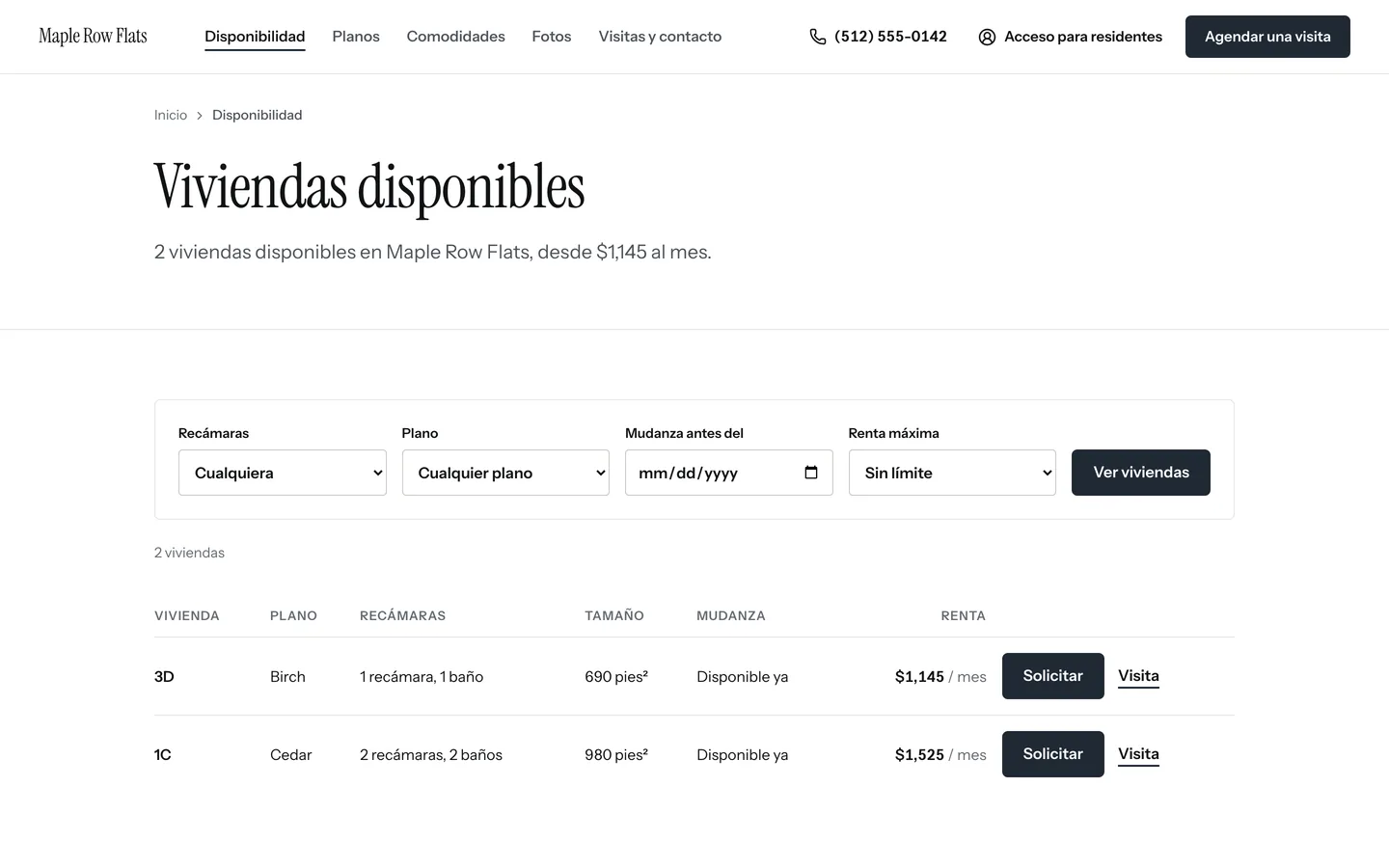 La página Viviendas disponibles del sitio de Maple Row Flats: cada vivienda con su plano, tamaño, fecha de mudanza, renta, Solicitar y Visita.