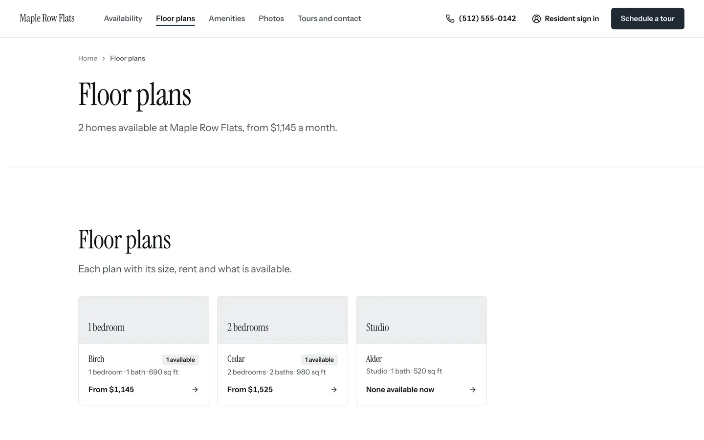 The Floor plans page of Maple Row Flats' website: each plan with its size, rent and how many are available.