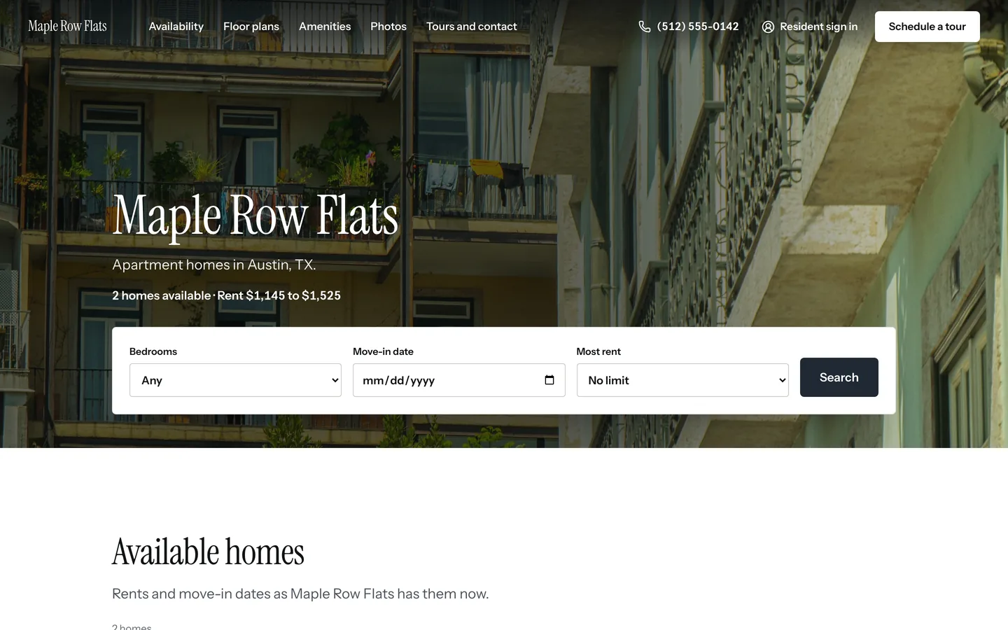 The published website of a sample community, Maple Row Flats, with homes available and rents