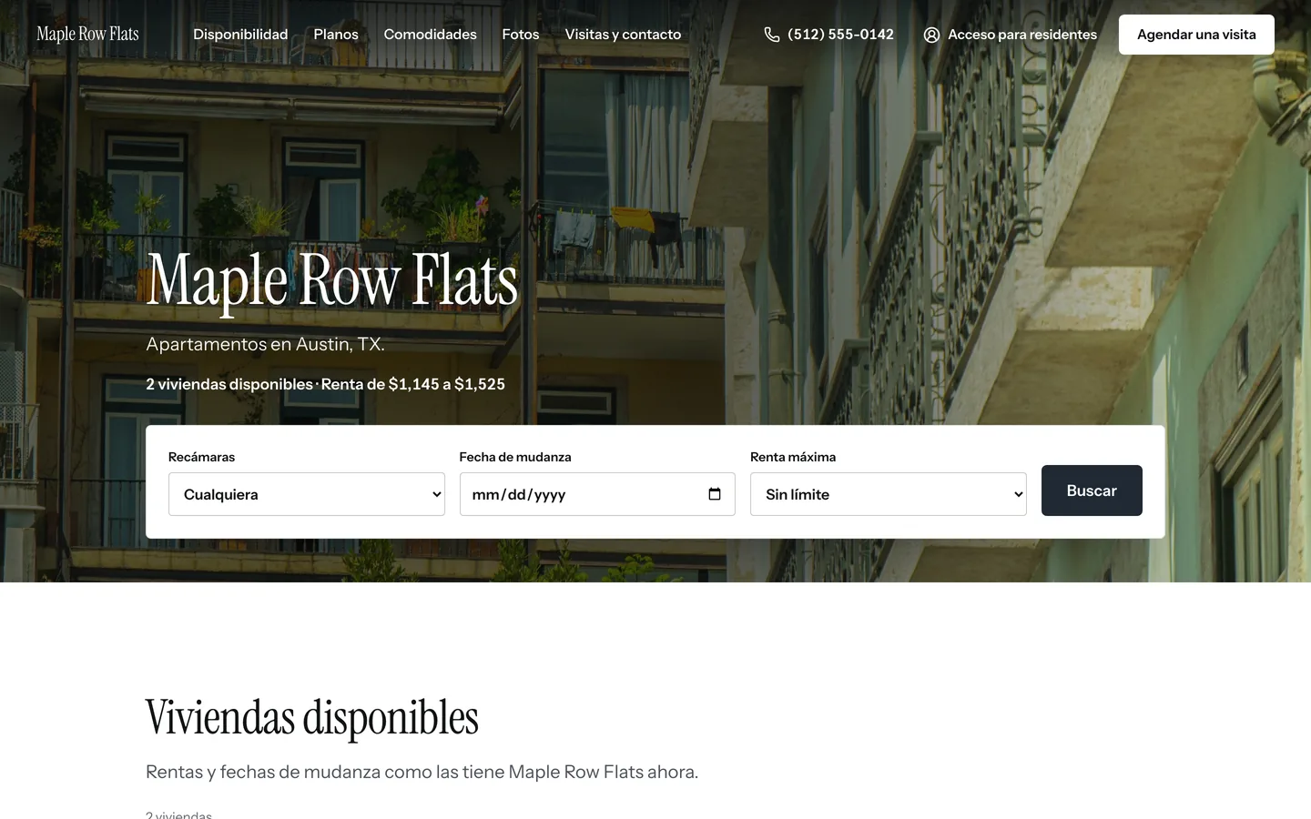 El sitio publicado de Maple Row Flats: el nombre de la comunidad, las viviendas disponibles, sus rentas y una búsqueda de viviendas.