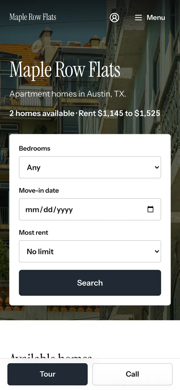 Maple Row Flats' website on a phone, with homes available, rents and a search for homes.