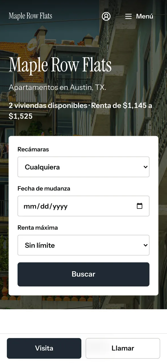 El sitio de Maple Row Flats en un teléfono, con las viviendas disponibles, las rentas y la búsqueda.