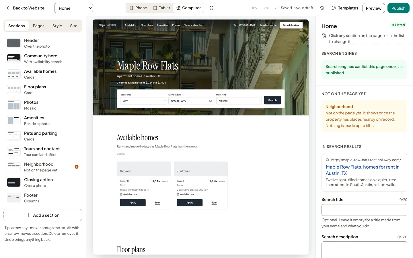The Website Studio on Maple Row Flats: the sections of the home page, the page on a computer, and its search settings.