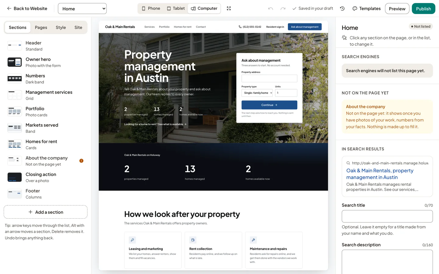 The Website Studio on Oak & Main Rentals' company website: owner hero, services, portfolio and homes for rent.