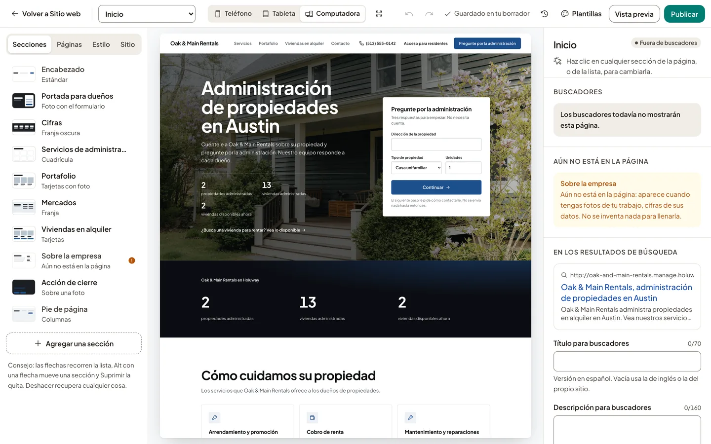 El Estudio con el sitio de empresa de Oak & Main Rentals: portada para dueños, servicios, portafolio y viviendas en alquiler.
