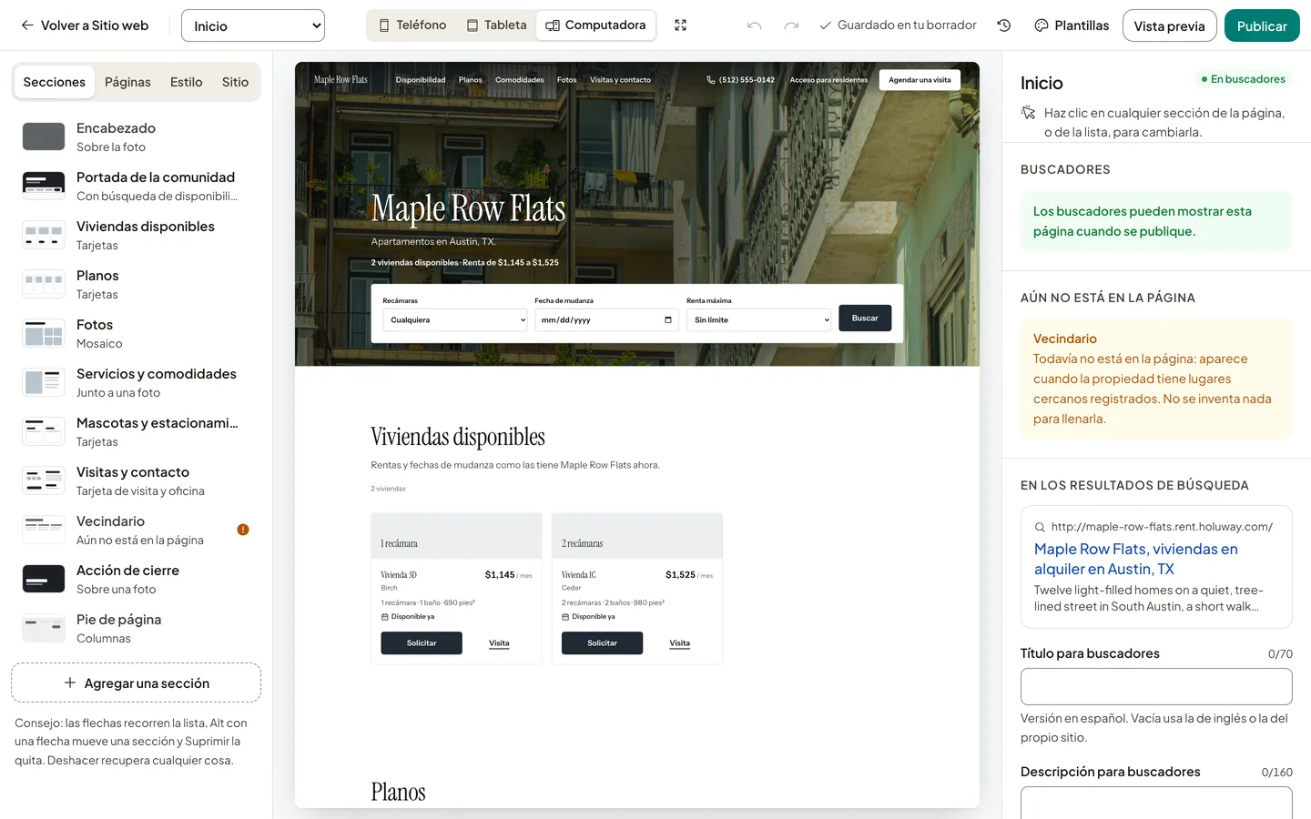El Estudio de sitios web con Maple Row Flats: las secciones de la página de inicio, la página en computadora y sus ajustes para buscadores.