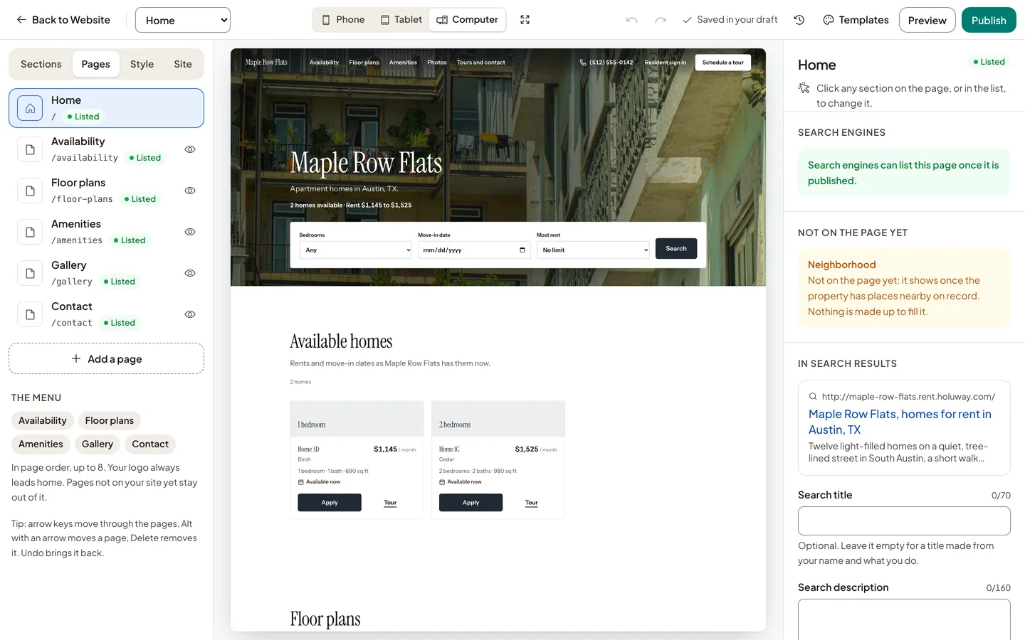 The Pages tab of the Website Studio: Home, Availability, Floor plans, Amenities, Gallery and Contact, and the menu.