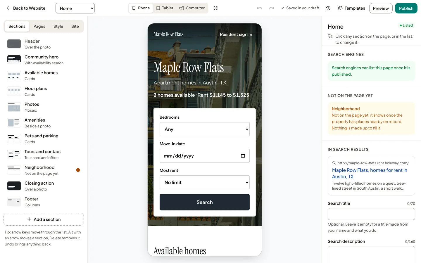 The Website Studio showing Maple Row Flats' home page at a phone's width.