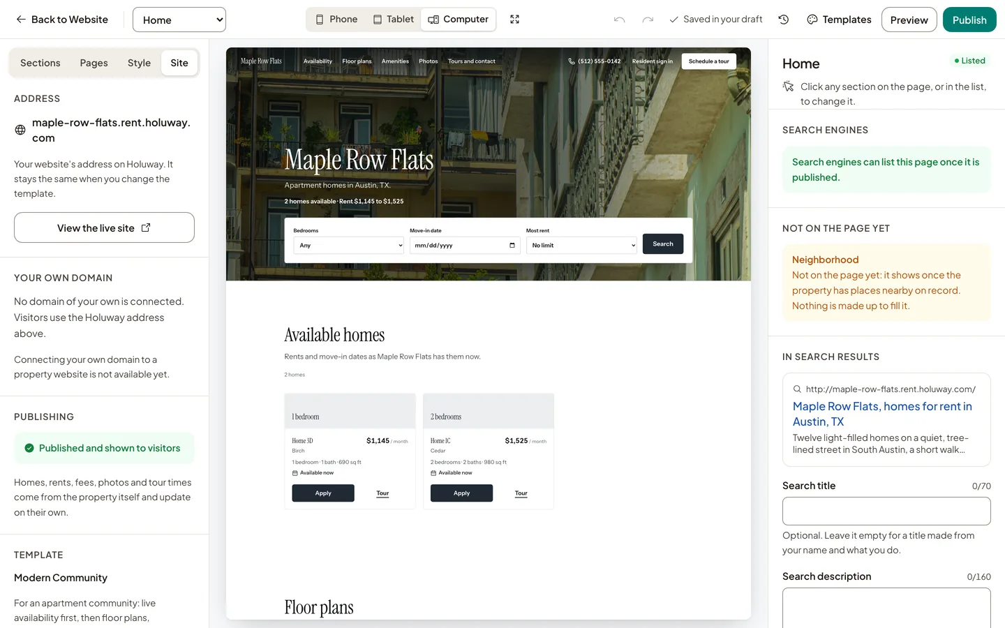 The Site tab of the Website Studio: the website's Holuway address, publishing, and the template in use.