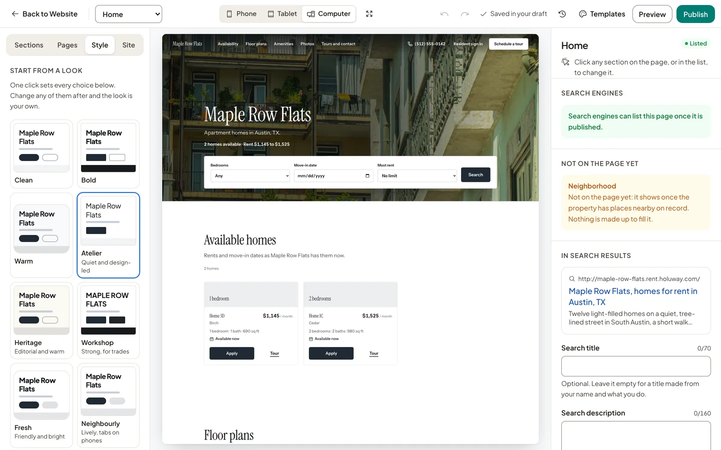 The Style tab of the Website Studio: looks that set the type, color, buttons and spacing in one click.