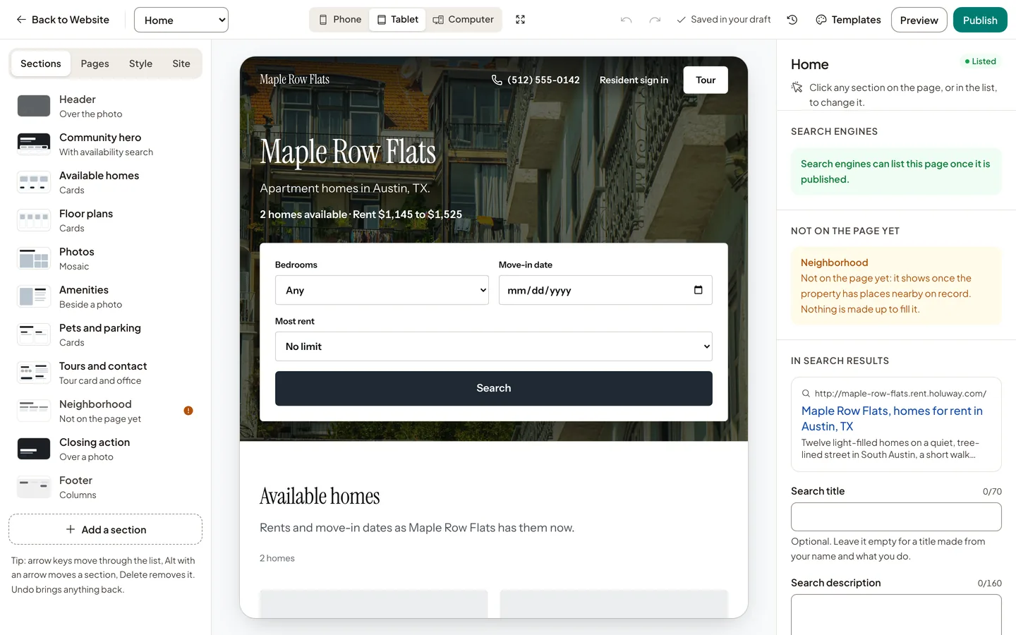The Website Studio showing Maple Row Flats' home page at a tablet's width.