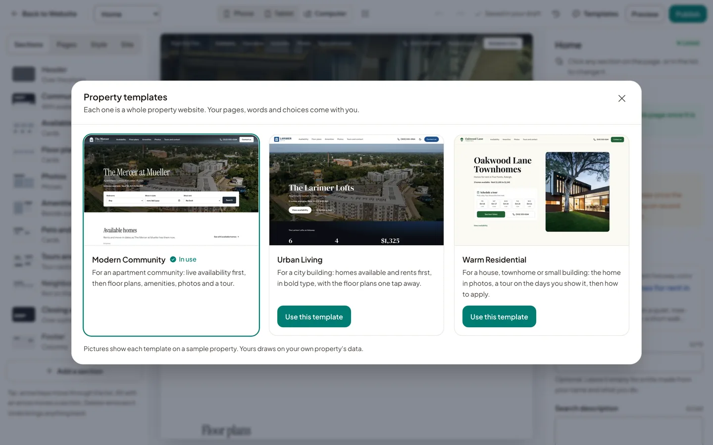 Changing the template in the Website Studio: three property templates, the one in use marked.
