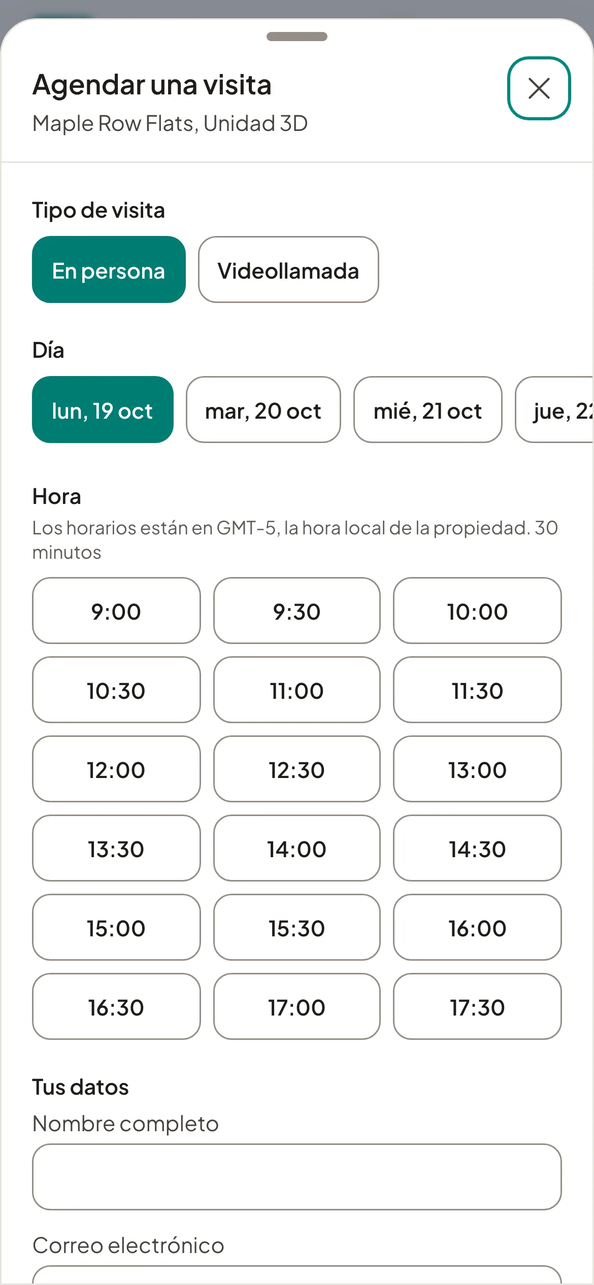 La ventana para agendar una visita en un anuncio, con días y horarios libres.