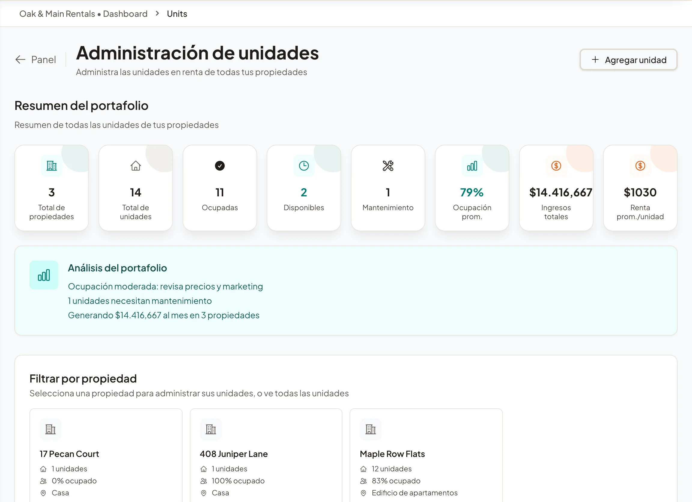 La tabla de unidades con números, recámaras, baños, renta y disponibilidad.