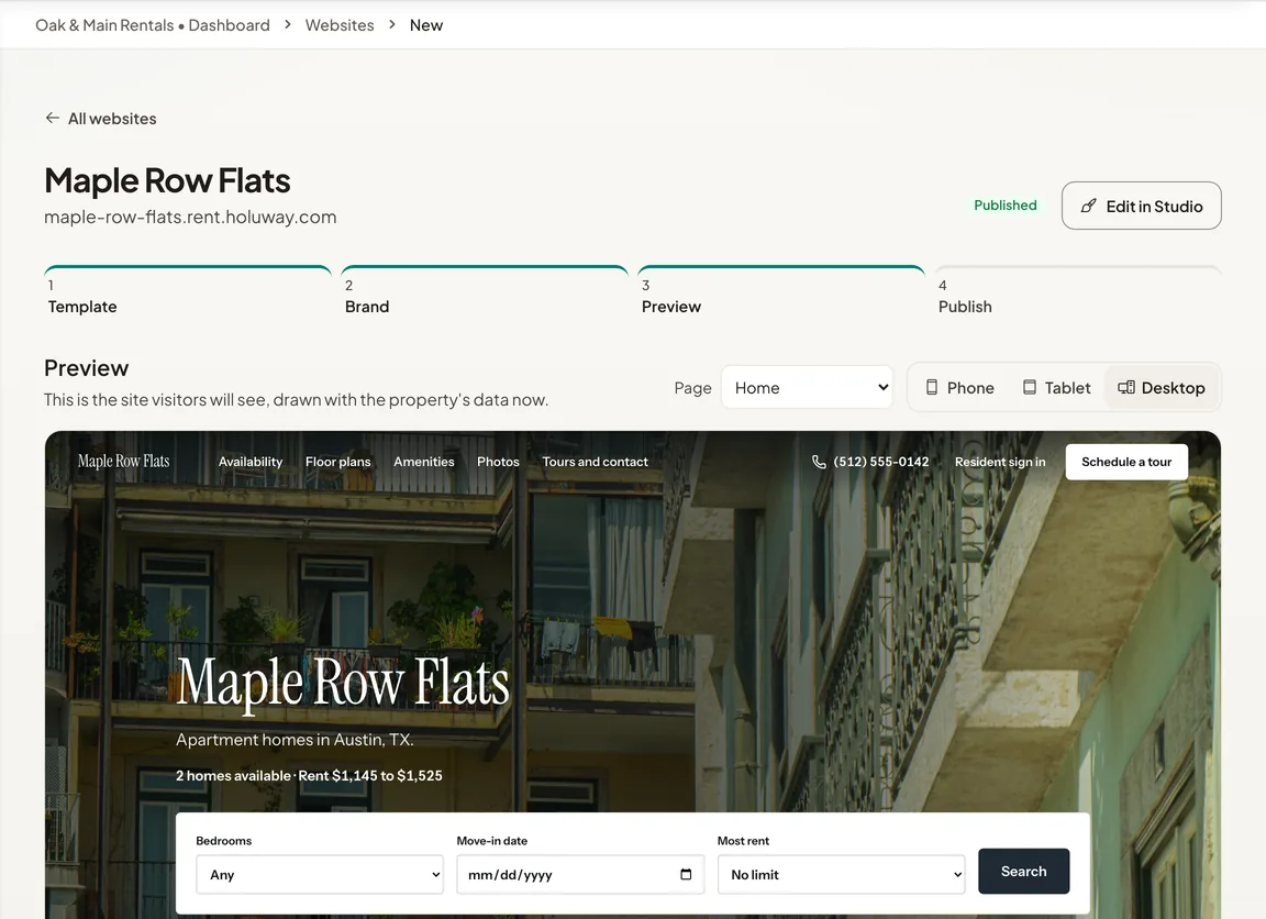 The preview step for Maple Row Flats: the website as visitors will see it, with Phone, Tablet and Desktop.