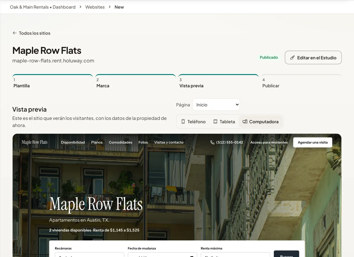 La vista previa de Maple Row Flats: el sitio como lo verán los visitantes, en teléfono, tableta y computadora.