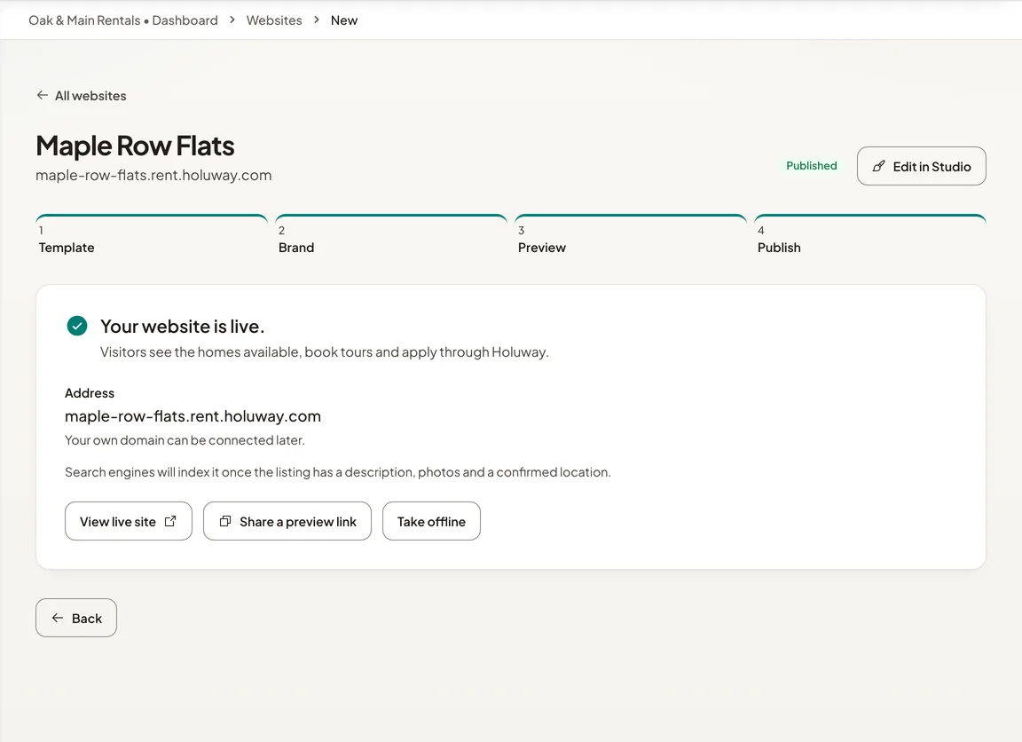 Maple Row Flats' website, published at its Holuway address, with View live site and Share a preview link.